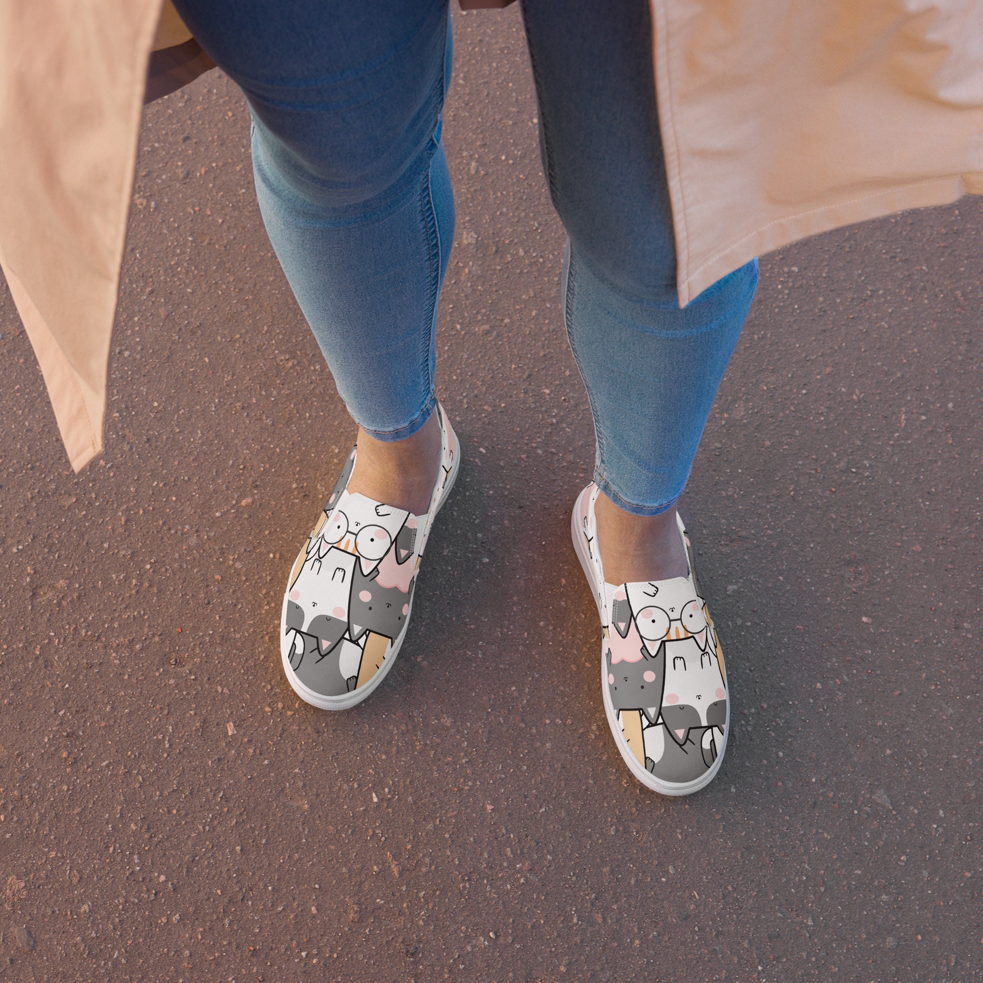 Kawaii Cat Canvas Shoes, Funny Cat Slipon Shoes, Women's Slip on