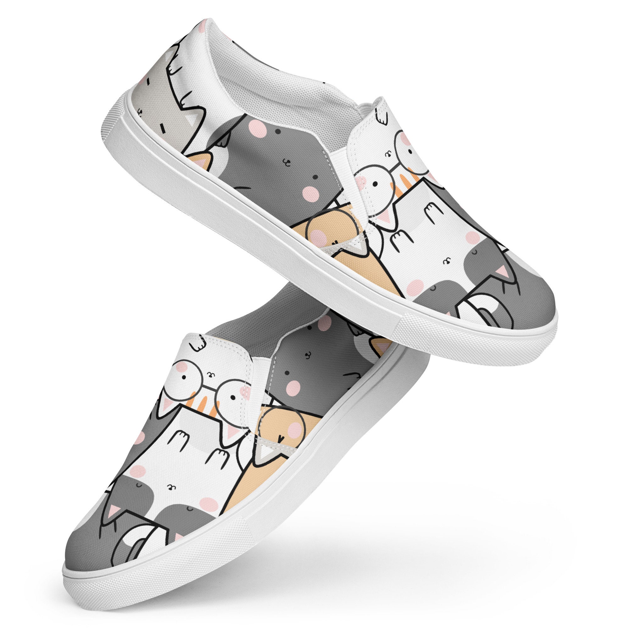 Kawaii Cat Canvas Shoes, Funny Cat Slipon Shoes, Women's Slip on