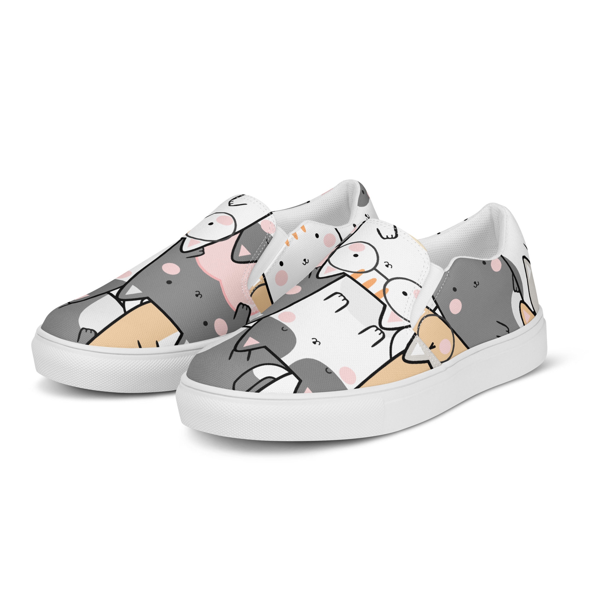 Kawaii Cat Canvas Shoes, Funny Cat Slipon Shoes, Women's Slip on