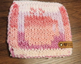 Hot Cuppa knit coaster (pink/purple)