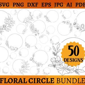 Może przedstawiać: Zestaw 50 czarno-białych wzorów kwiatowych w kształcie koła. Wzory przedstawiają różne układy kwiatowe w kółku. Tekst "50 Designs" jest wyświetlany w żółtej rozgwieżdżonej ramce.