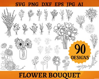 90 FLOWER BOUQUET SVG Bundle Floral Hand Drawn Svg Botanical Wedding Bouquet Png Wildflowers Art Svg Cricut Cut Files Svg Png Dxf Eps Jpg Ai