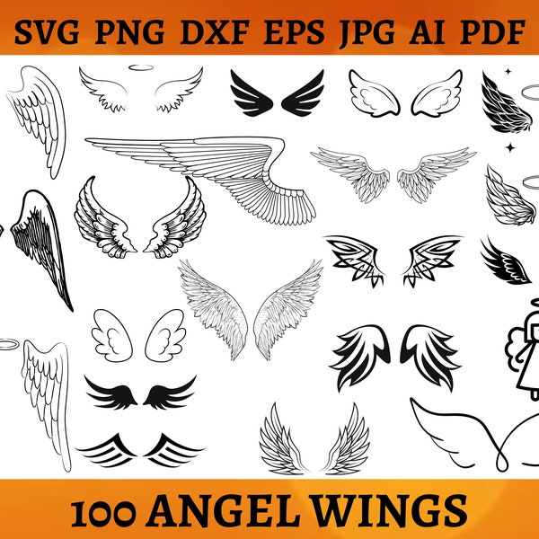 100 ANGEL WINGS SVG Bundle Angel Wing Sketch Png for Shirt Angel Wings Cricut Cut File Silhouette Wings Clipart Svg Png Jpg Pdf Ai Eps Dxf