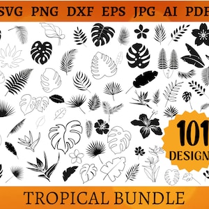101 TROPICAL SVG Bundle Jungle Floral SVG Monstera Banana Leaf Palm Leaf Hibiscus Fern Cut File Cricut Silhouette Svg Png Dxf Eps Jpg Ai Pdf