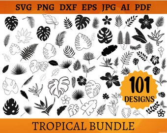 101 TROPICALE SVG Bundle Giungla Floreale SVG Monstera Foglia di banana Foglia di palma Ibisco Felce File di taglio Cricut Silhouette Svg Png Dxf Eps Jpg Ai Pdf