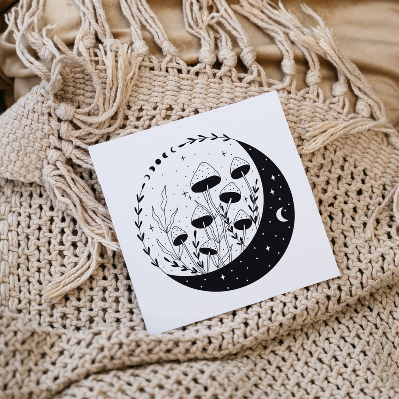 May include: Black and white line art print of mushrooms growing in a crescent moon with stars. The print is on a white background.