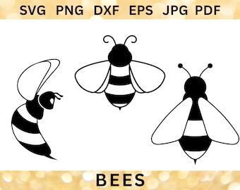 May include: Three black and white bee silhouettes. The bees are facing different directions. The bees have striped bodies and wings.