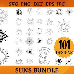 101 SOL SVG-paket solsken SVG-filer sommar clipart boho sol klippfiler soluppgång silhuett solig Cricut sol direkt nedladdning png dxf eps jpg