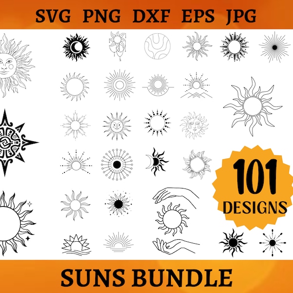 101 SUN SVG Bundle Sunshine SVG Archivos Summer Clipart Boho Sun Cut Files Sunrise Silhouette Sunny Cricut Sun Descarga instantánea Png Dxf Eps Jpg