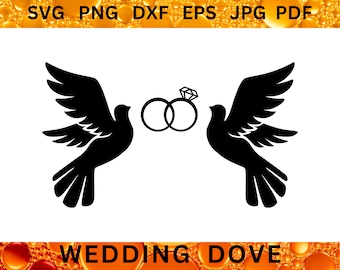 Peut inclure: Deux colombes noires en silhouette se font face avec une bague et un diamant au centre. Le texte "WEDDING DOVE" est sous les colombes.