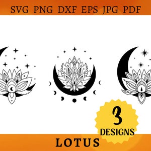Könnte beinhalten: Drei schwarz-weiße Designs einer Lotusblume in einem Halbmond mit Sternen. Der Text "3 DESIGNS LOTUS" befindet sich unter den Bildern.
