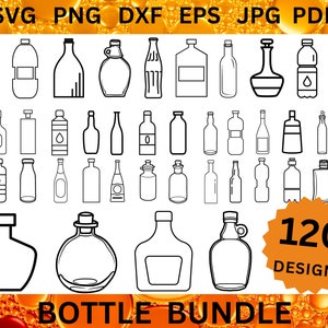 Può includere: Un set di 120 illustrazioni di contorno di bottiglie in bianco e nero. Le bottiglie sono di varie forme e dimensioni, tra cui bottiglie di vino, bottiglie di liquore e bottiglie d'acqua. L'immagine include il testo "120 DESIGNS BOTTLE BUNDLE".