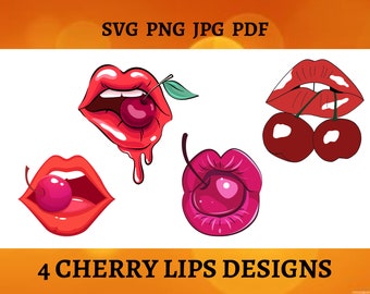 4 CHERRY LIPS SVG Design Kiss Bundle Valentines Day Cricut Cut File Cherry Lips Silhouette Sublimation Digital Download File Svg Png Jpg Pdf