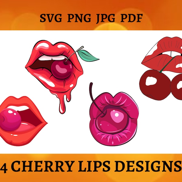 4 CHERRY LIPS SVG Design Kiss Bundle Valentines Day Cricut Cut File Cherry Lips Silhouette Sublimation Digital Download File Svg Png Jpg Pdf