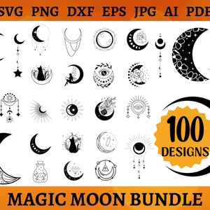 100 MAGIC MOON SVG Mega Bundle Mystical Moon Svg File Crystal Moon Cut File Moon Phase Celestial Cricut Moon Phase Png Dxf Eps Jpg Ai Pdf