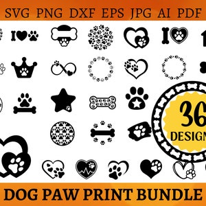 36 DOG PAW Print SVG Bundle Pet Paw Cricut Puppy Paw Cut File Animal Paw Print Silhouette Dog Bone Clipart Vector Art Png Dxf Eps Jpg Ai Pdf