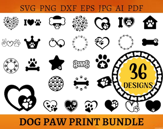 36 DOG PAW Print SVG Bundle Pet Paw Cricut Puppy Paw Cut File Animal Paw Print Silhouette Dog Bone Clipart Vector Art Png Dxf Eps Jpg Ai Pdf