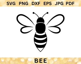May include: Black and white silhouette of a bee with wings outstretched. The bee has a striped abdomen and a round head.