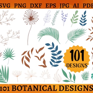 Puede incluir: Una colección de 101 diseños botánicos que incluyen hojas, ramas y elementos florales. Los diseños son en tonos marrón, verde y azul, con el texto "101 DESIGNS" en una estrella amarilla. En la parte superior de la imagen se encuentra el texto "SVG PNG DXF EPS JPG AI PDF".
