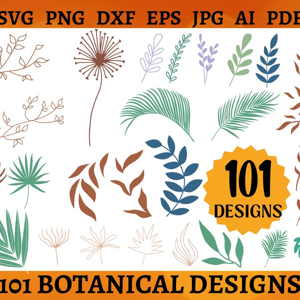 101 BOTANICAL SVG BUNDLE Boho Floral Svg Bohemian Plant Elements Cut File Cricut Silhouette Leaves Bundle Clipart Svg Png Dxf Eps Jpg Ai Pdf