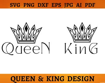 May include: Black and white graphic design of two crowns with the words "Queen" and "King" underneath.