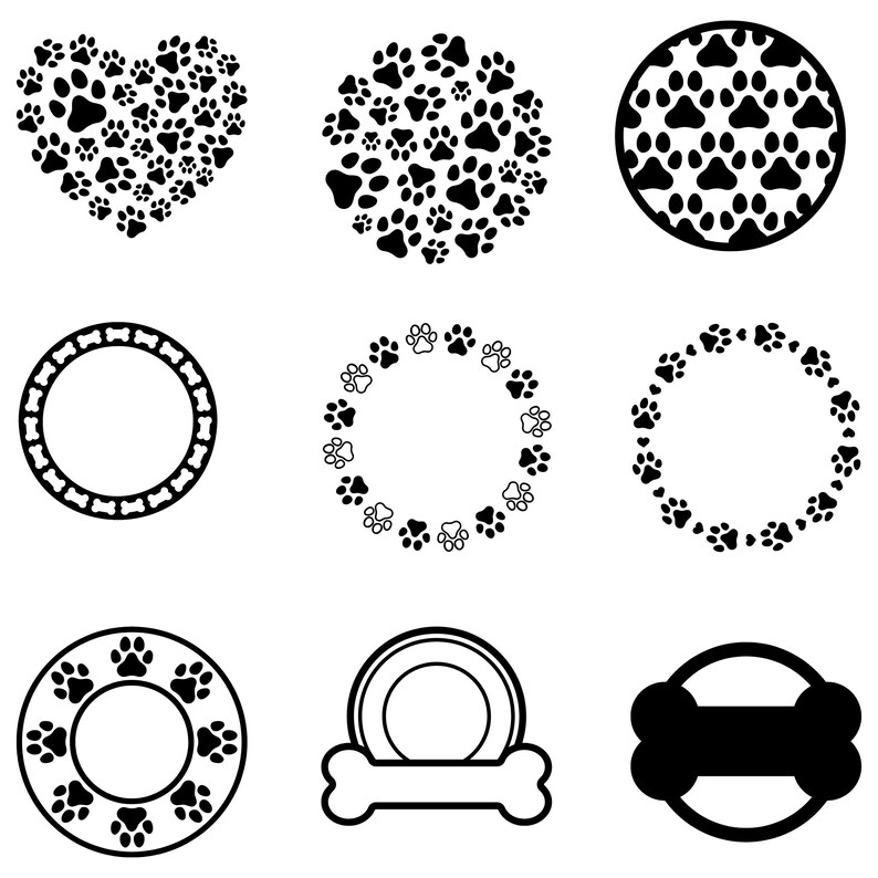 May include: A collection of black and white pet-themed designs. Includes a heart and circle filled with paw prints, circular frames with paw prints and bone shapes, and a bone-shaped design with a circular frame.
