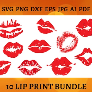 May include: A set of 10 red lip print designs in SVG, PNG, DXF, EPS, JPG, AI, and PDF formats.  These digital downloads are perfect for crafting projects, such as t-shirts, mugs, and stickers.