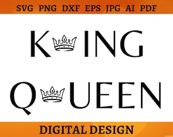 May include: Black and white graphic design with the words "KING" and "QUEEN" with a crown above each word.