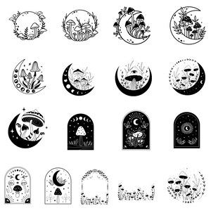 May include: A set of 14 black and white illustrations featuring mushrooms and moons. The illustrations are in various styles, including crescent moons, full moons, and arches. Some of the mushrooms have eyes and other details.