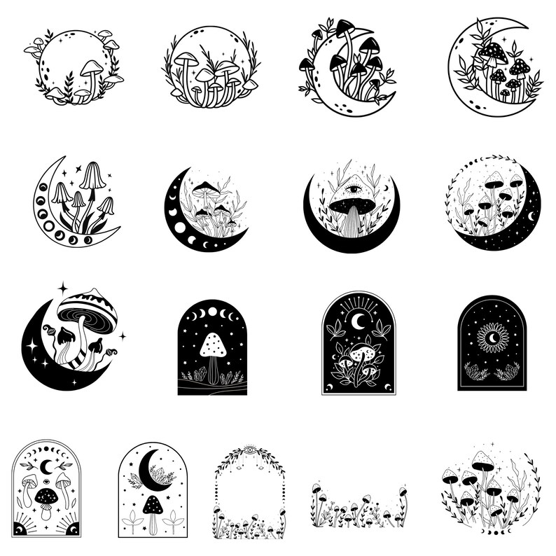 May include: A set of 14 black and white illustrations featuring mushrooms and moons. The illustrations are in various styles, including crescent moons, full moons, and arches. Some of the mushrooms have eyes and other details.