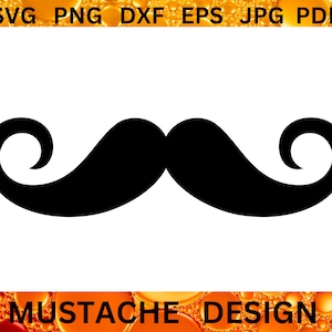 Op de afbeelding: Een zwart silhouet van een snor met gekrulde uiteinden. De snor is geïsoleerd op een witte achtergrond. De tekst "MUSTACHE DESIGN" staat onder de snor.