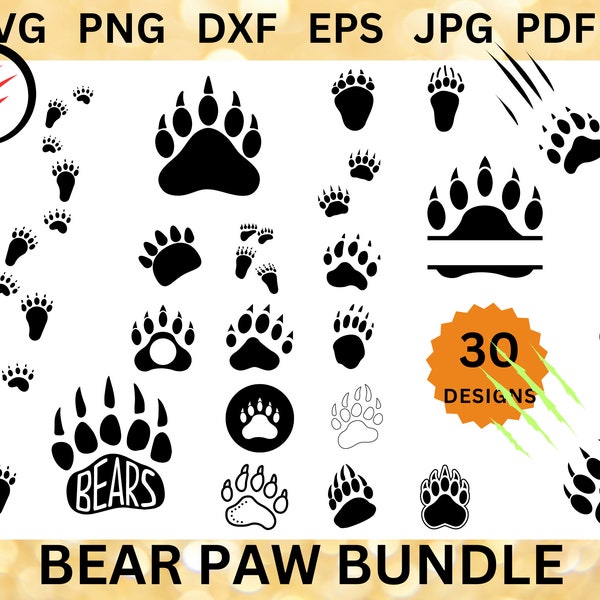 30 BEAR FOOTPRINTS SVG Bundle Monster Claw Cricut Bear Scratch Png Wildlife Cut Files Bear Tracks Svg Bear Paw Print Clipart Dxf Eps Jpg Pdf