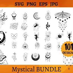 May include: A set of 101 mystical design elements, including moons, stars, butterflies, snakes, crystals, and more. These black and white illustrations are perfect for creating digital or physical crafts.
