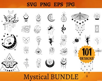 May include: A set of 101 mystical design elements, including moons, stars, butterflies, snakes, crystals, and more. These black and white illustrations are perfect for creating digital or physical crafts.