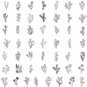 May include: A set of 48 black and white line drawings of various floral designs. The flowers are simple and stylized, with a variety of shapes and sizes.