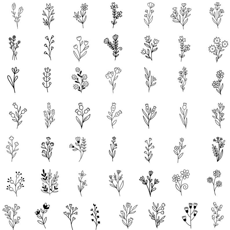 May include: A set of 48 black and white line drawings of various floral designs. The flowers are simple and stylized, with a variety of shapes and sizes.