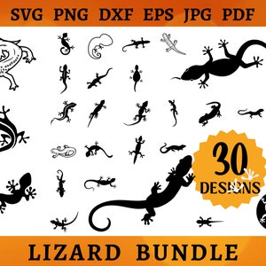 Może przedstawiać: Zbiór 30 wzorów jaszczurek w różnych stylach, w tym sylwetki i szczegółowe ilustracje. Obraz zawiera tekst "SVG PNG DXF EPS JPG PDF" na górze i "Lizard Bundle" na dole, z żółtą grafiką.