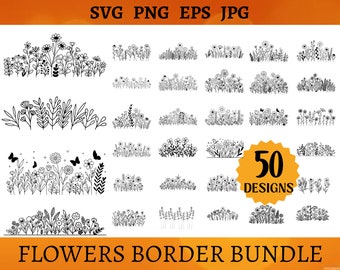 50 BLUMEN BORDÜRE SVG BUNDLE Blumenrahmen Plotterdatei Cricut Wildblumen Cut-Datei Wiesenblumen Silhouette Blumenrahmen Clipart SVG Png Eps Jpg