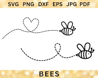 May include: Two black and white bee illustrations with dotted lines showing their flight paths. One bee flies in a heart shape and the other flies in a loop. The text "BEES" is below the illustrations.