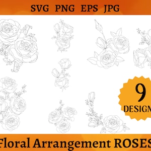 9 本のバラのアレンジメント SVG バンドル 花 CRICUT バラのクリップアート ウェディングブーケ カットファイル 花の要素 シルエット バラ アート SVG PNG EPS Jpg