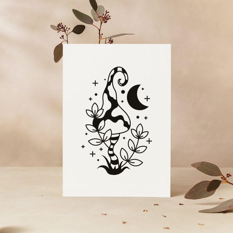 May include: Black and white illustration of a mushroom with a crescent moon and stars. The mushroom has a striped stem and a swirling top.