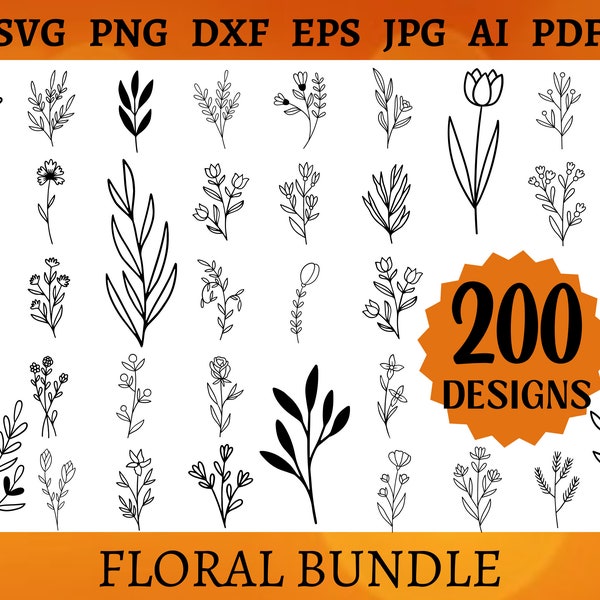 Super lot de 200 fleurs sauvages SVG feuilles dessinées à la main Png pour chemise tasse fleurs sauvages Art Svg Cricut Silhouette Floral Svg Png Dxf Eps Jpg Ai Pdf