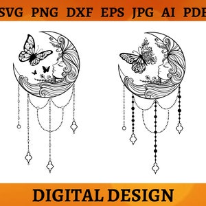 MYSTICAL MOON SVG Botanical Moon and Butterfly Decor Celestial Svg Magic Art for Shirt Cricut Cut Files Clipart Svg Png Dxf Eps Jpg Ai Pdf