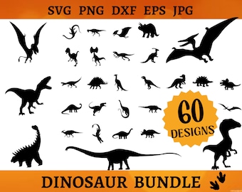 May include: A black and white digital download bundle of 60 dinosaur silhouette designs. The designs include various dinosaurs, such as a T-Rex, Triceratops, Stegosaurus, and Pterodactyl. The text "60 Designs" and "Dinosaur Bundle" is included in the image.