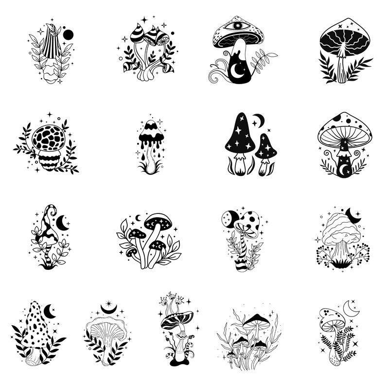 May include: A set of 16 black and white illustrations of mushrooms with various designs, including stars, moons, and eyes. The mushrooms are drawn in a whimsical style and would be perfect for use in a variety of creative projects.