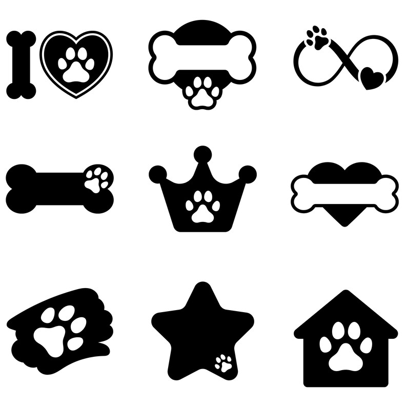 May include: A collection of black and white dog-themed designs. Includes an "I love" bone and heart, a bone with a paw print, an infinity symbol with a paw print and heart, a crown with a paw print, a star with a paw print, and a house with a paw print.