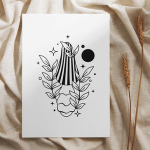 May include: Black and white line art print of a stylized mushroom with leaves and stars. The mushroom has a striped top and a wavy bottom.