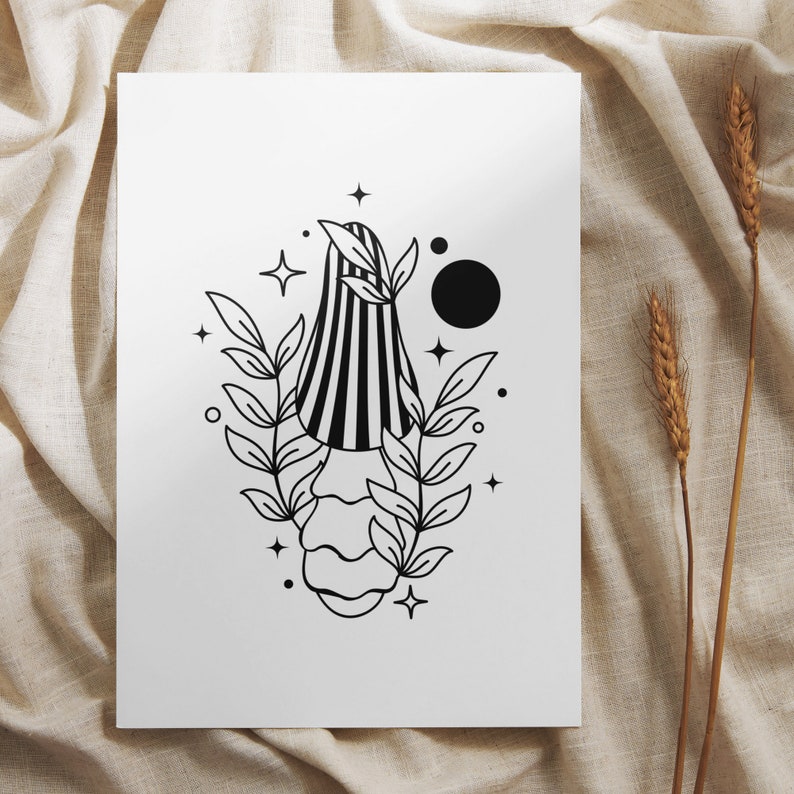 May include: Black and white line art print of a stylized mushroom with leaves and stars. The mushroom has a striped top and a wavy bottom.