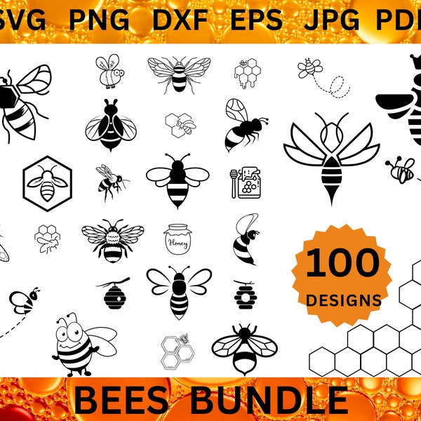 100 BEES Svg BUNDLE Honey Bee CRICUT Bee Path Cut Files Flying Bee Vector Honeycomb Svg Bee Hive Clipart Queen Bee Svg Png Dxf Eps Jpg Pdf