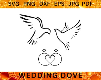 Peut inclure: Dessin au trait noir et blanc de deux colombes en vol au-dessus de deux alliances formant un cœur. Les mots "WEDDING DOVE" sont en bas de l'image. Formats de fichiers : SVG, PNG, DXF, EPS, JPG et PDF.